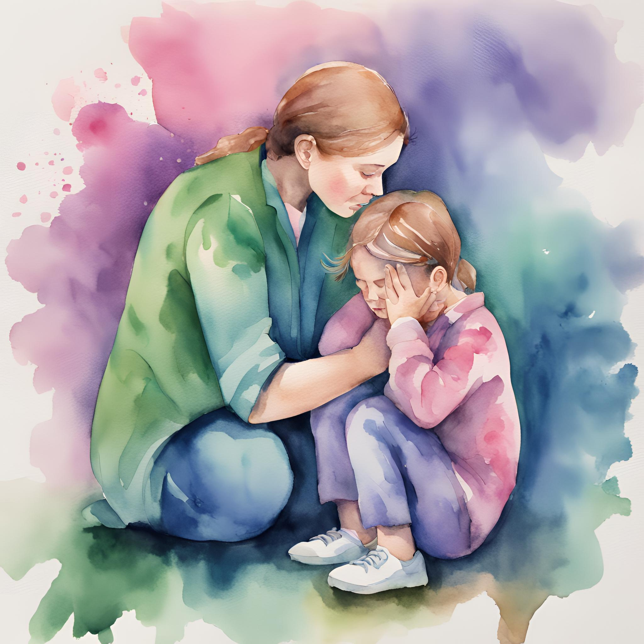 watercolor image of a child crying and parents comforting them in blue, green, purple and pink